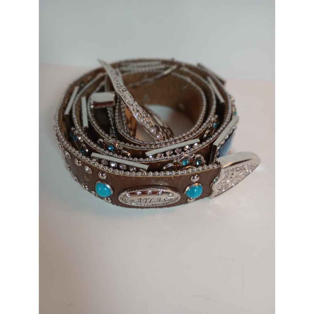 WB Atlas Brown Leather Blue Crystal Jeweled Western Belt Silver Buckle XL 48 - Picture 12 of 16